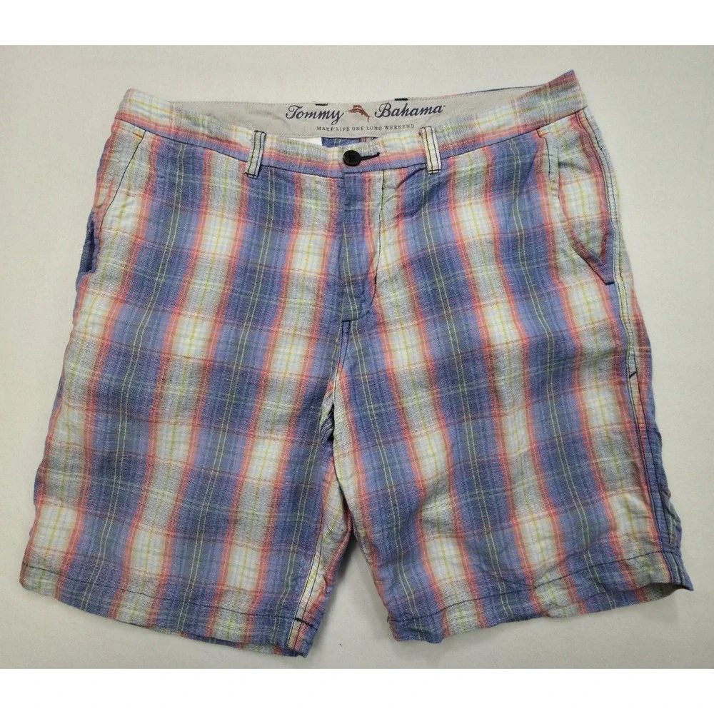Tommy Bahama Mens Shorts 34 Linen Tencel‎ Blend Key West Plaid Limited Use